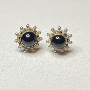 Sterling‎ Silver Stud Earrings with Round Black Onyx Cabochon Boho Jewelry